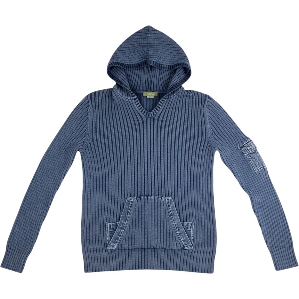 Vintage Pulp Acid Wash Ribbed Knit Hoodie Sweater Kangaroo Pocket Cargo Y2K S